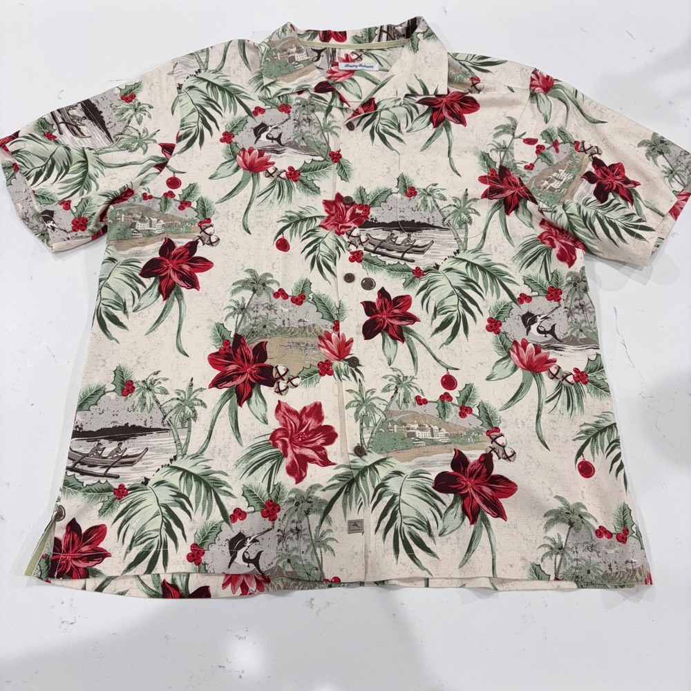 Tommy Bahama Mens XXL Tropical Holiday Camp Shirt Floral Palm Christmas Beige